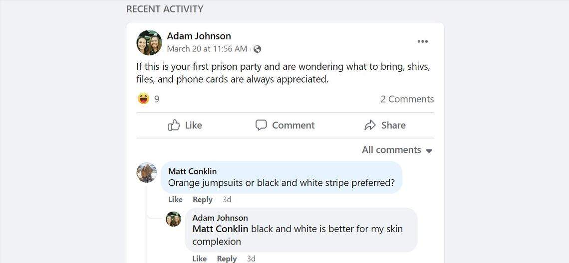 Screenshot of the Facebook of an event “Adam is going to prison” being hosted by Adam Johnson of Parrish, who was sentenced to serve 75 days in prison for his role in the Capitol riot.