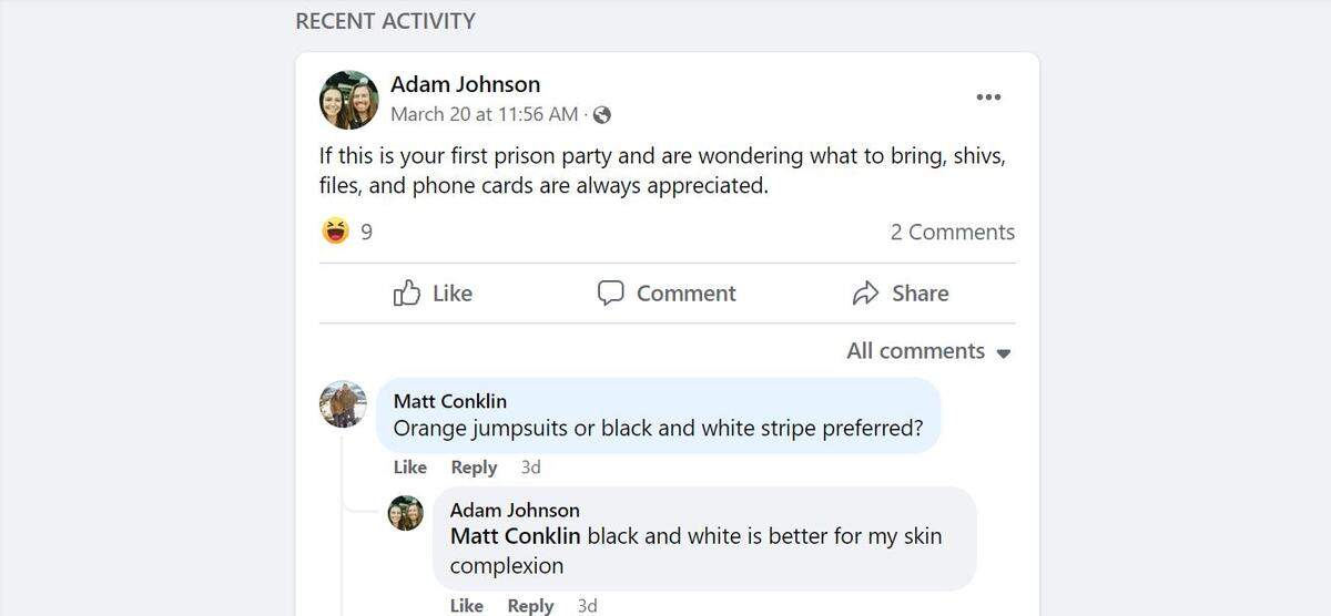 Screenshot of the Facebook of an event “Adam is going to prison” being hosted by Adam Johnson of Parrish, who was sentenced to serve 75 days in prison for his role in the Capitol riot.