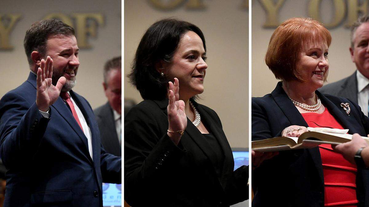 Josh Cramer, Lisa Gonzalez Moore and Marianne Barnebey are sworn in at the Bradenton City Council’s swearing in ceremony during a special session on January 3, 2023.
