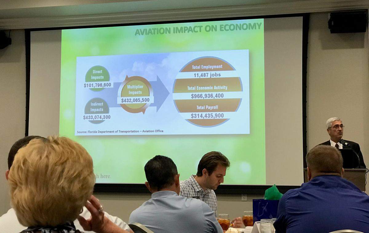 Slide presented during a State of the Community address by Rick Piccolo, chief executive of Sarasota Bradenton International Airport, shows that SRQ has a nearly $1 billion economic impact on the Bradenton-Sarasota area.