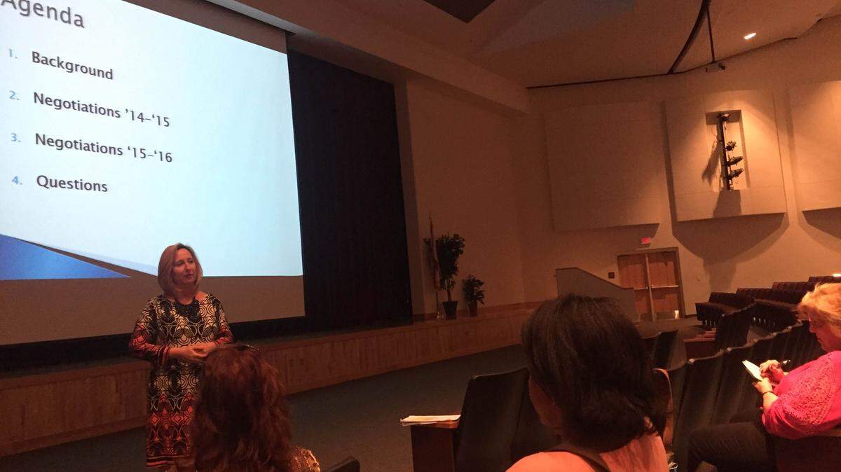 Sarah Brown, the Manatee County School District executive director of human resources, addresses concerned teachers at Braden River High School on Wednesday. MEGHIN DELANEY/Bradenton Herald