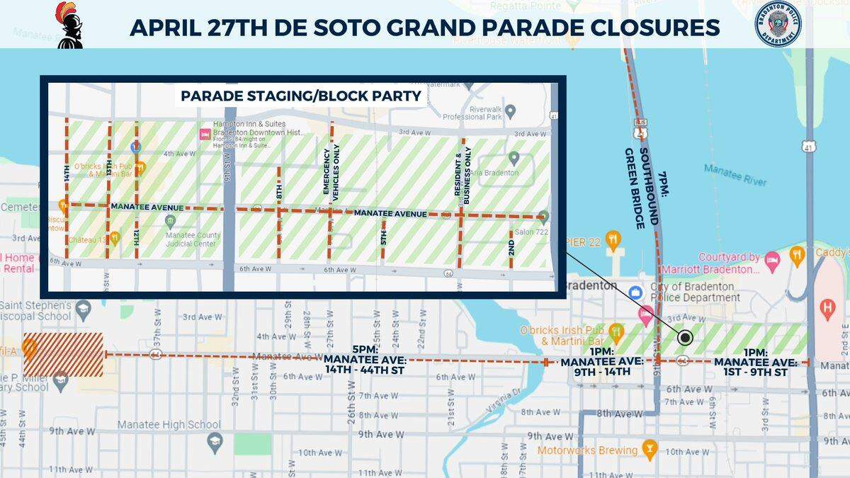 A map shows closure times for different segments of Manatee Avenue for Saturday’s De Soto Grand Parade.