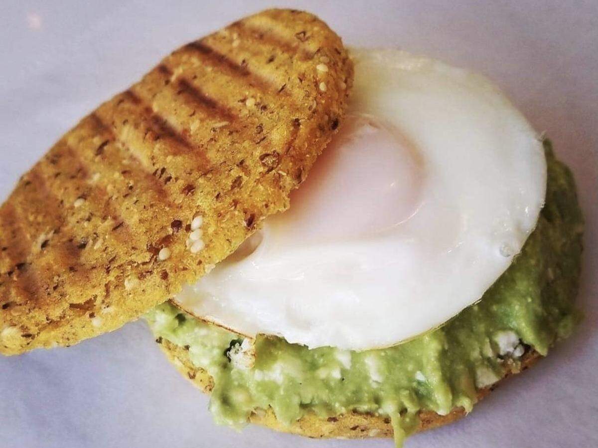 The number-one breakfast item at Blueberries is the Arepa King, which includes avocado, feta cheese and an organic egg served between arepas, a sort of corn muffin