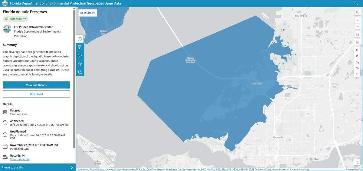 The Florida Department of Environmental Protection says public maps of Terra Ceia Aquatic Preserve, like the one shown, are not exact. Private lands and waters inside an aquatic preserve’s boundaries are not part of the preserve, according to state law.