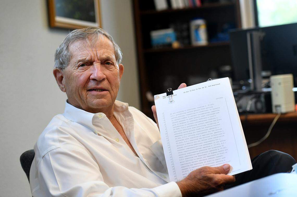 050/06/21—Supervisor of Elections Mike Bennett holds up a copy of the bill in question for the camera after he weighed in on his thoughts about the new bill signed by Governor Ron DeSantis, which some say will suppress voters.