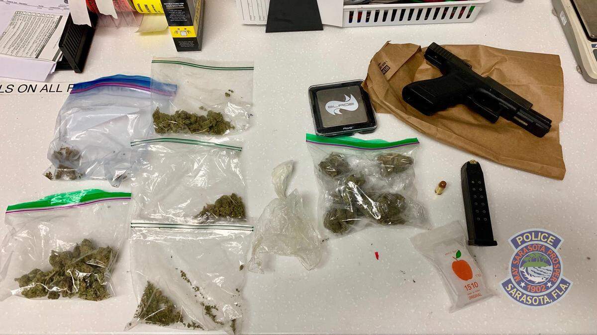 In a search of a vehicle pulled over for a traffic stop Friday, Sarasota police reported finding a Glock 22 firearm, ammunition, cocaine, a digital scale, marijuana and small bags.