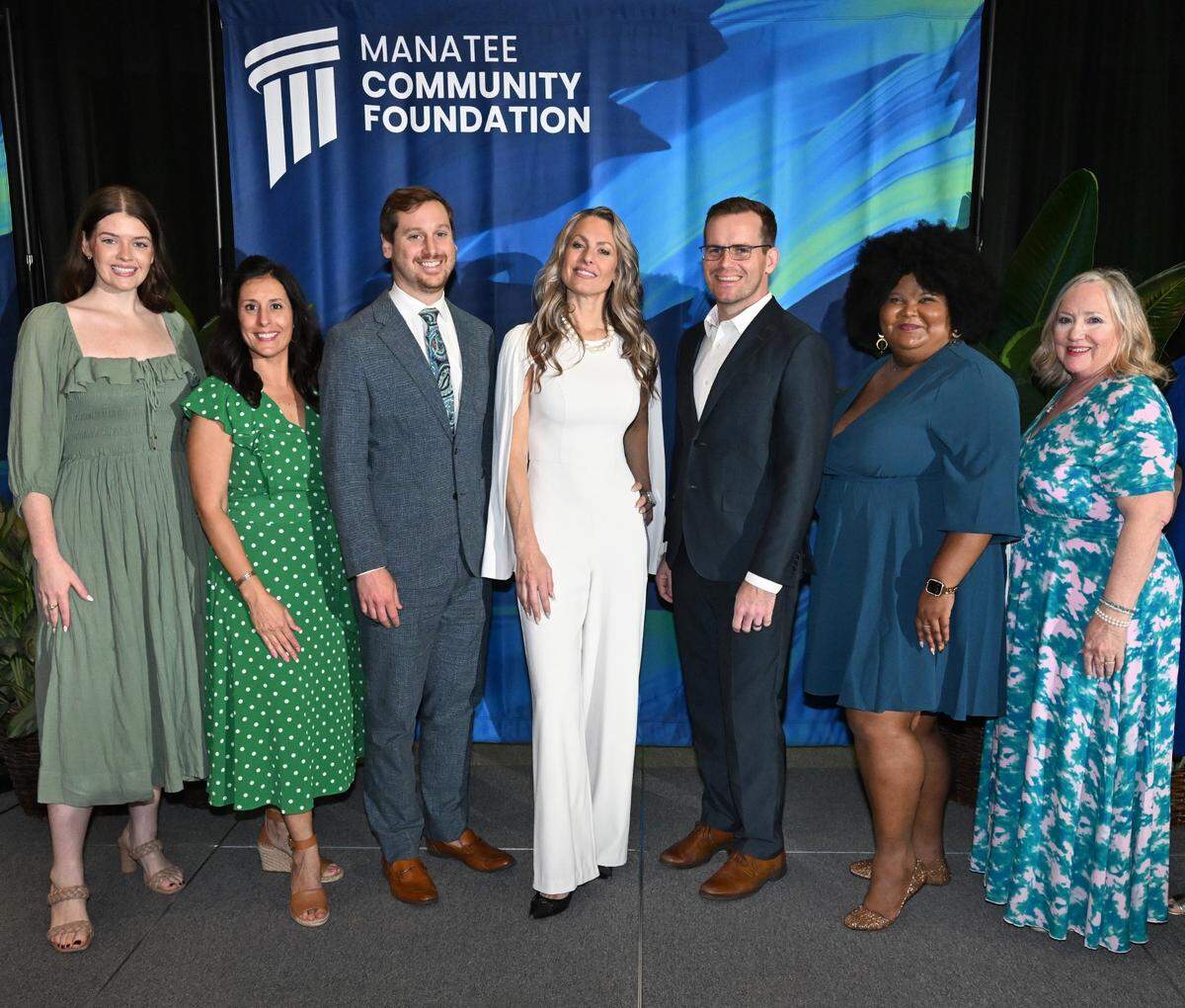 The current staff of Manatee Community Foundation, from left to right: Philanthropic Administrator Fallon Markwell, Vice President of Philanthropy Yolanda Mancha, Director of Philanthropy Mac Schmitz, CEO Veronica Thames, Director of Finance & Operations Jacob Kinsel, Community Investment Officer Simone Peterson and Executive Assistant Sarah Bostic.