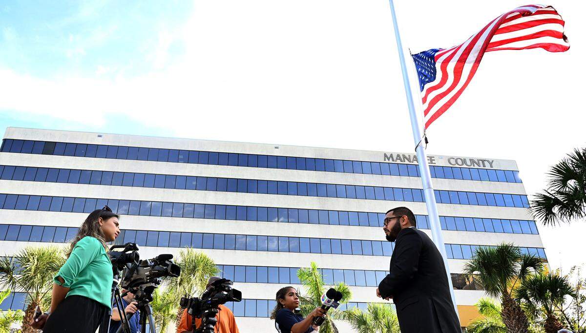 Cesar CJ Garcia shares his concern for the effects of legislation signed by Gov. Ron DeSantis uring a press conference at the Manatee County Historic Courthouse Friday. The press conference was organized by the Manatee County Democratic Party to protest the recently passed immigration bill SB 1718.