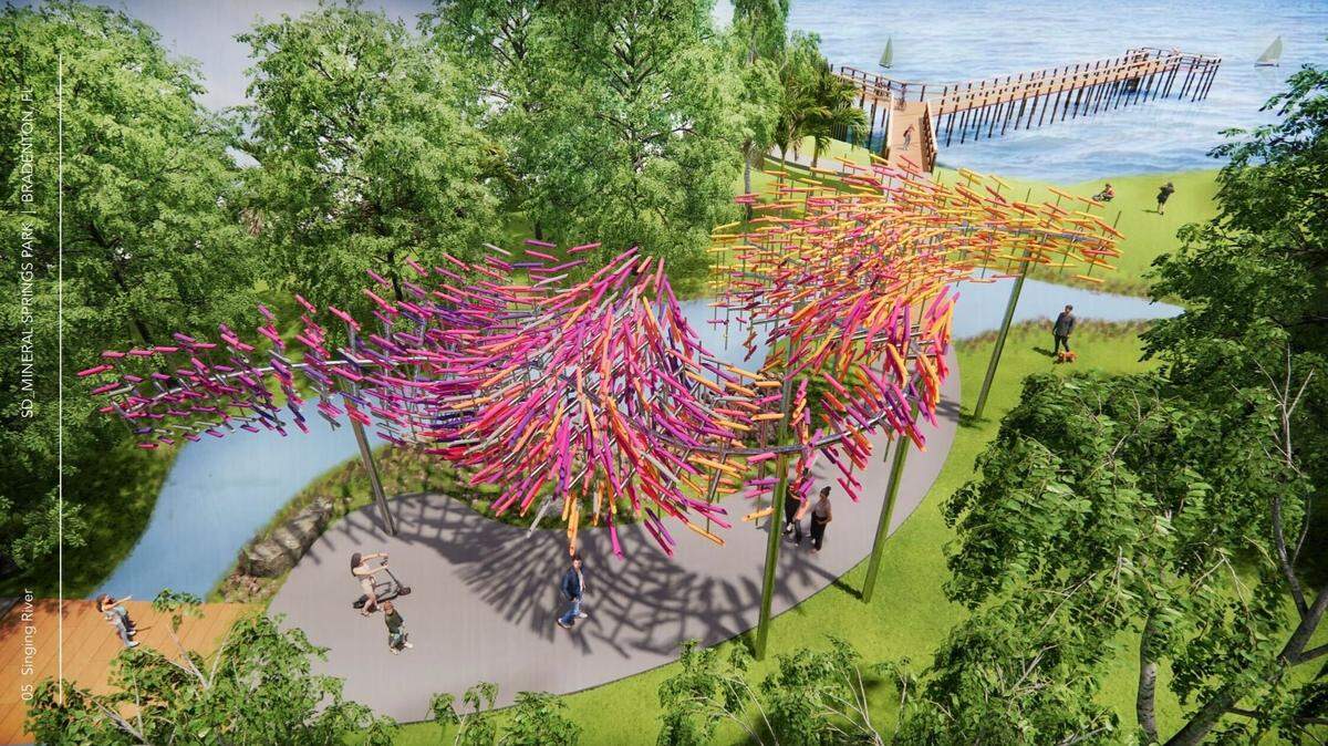 A rendering shows the design of The Singing River sculpture planned for the Bradenton Riverwalk. The colorful art installation could debut in early 2025.