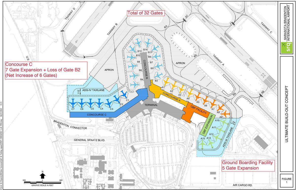 The ultimate build-out concept for Sarasota Bradenton International Airport shows how future expansion plans could accommodate many more passengers and planes.