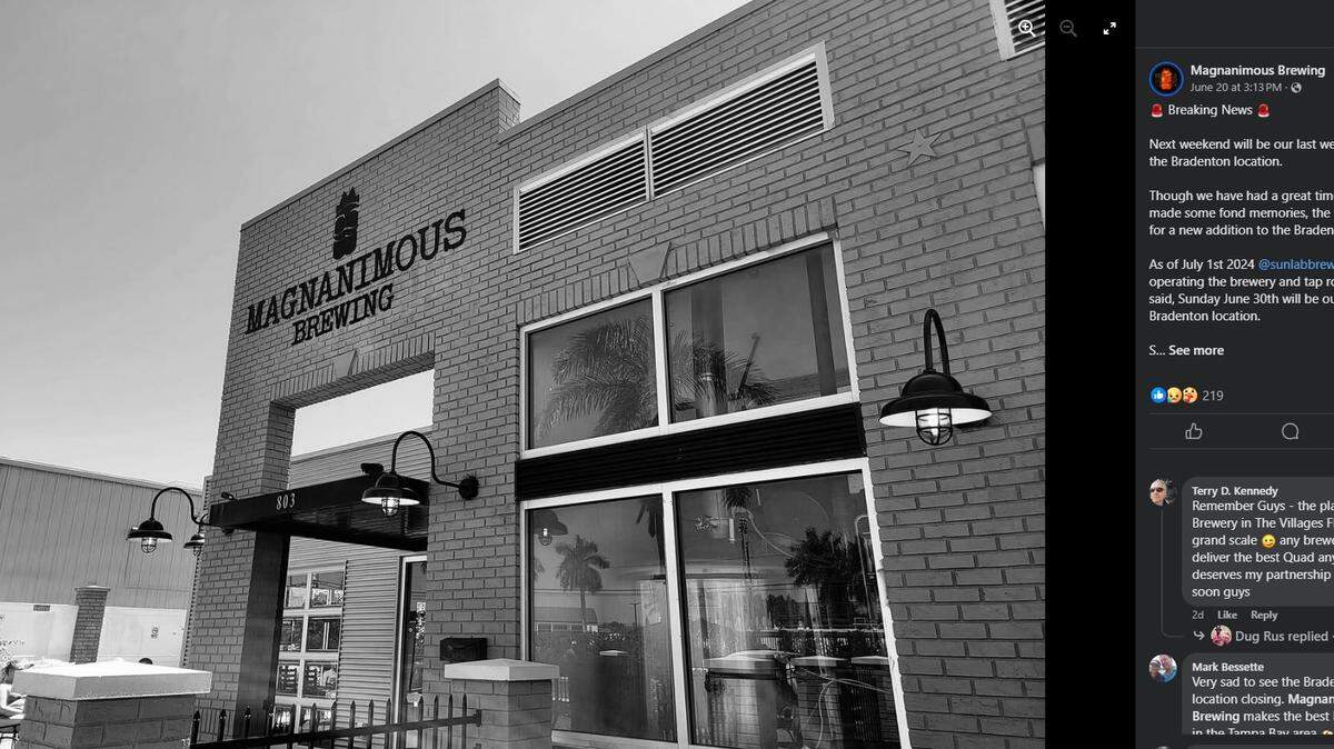 Operators of Magnanimous Brewing, 803 17th Ave. W., Bradenton, announced on social media that the business will close on June 30, 2024, before a new brewery moves into the space.