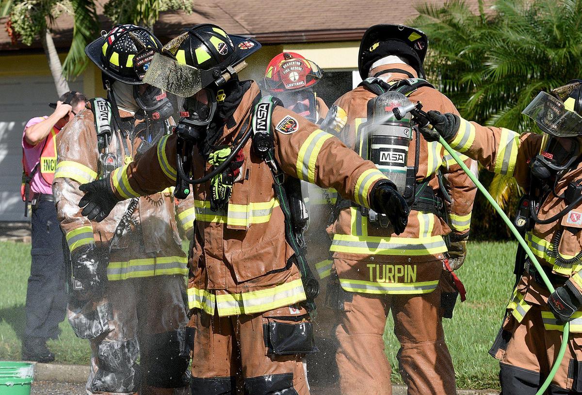City of Bradenton Fire responded to a house fire in the 3200 block of 14th Avenue West Monday morning. The fire didn’t cause any injuries, said Battalion Chief Dave Foxall. New protocol requires a de-contamination of the firefighters after going in to a fire.