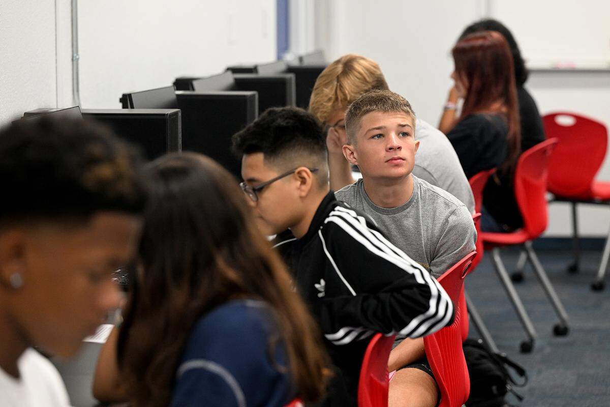 Students in Manatee High’s Television Production class on the first day of school.