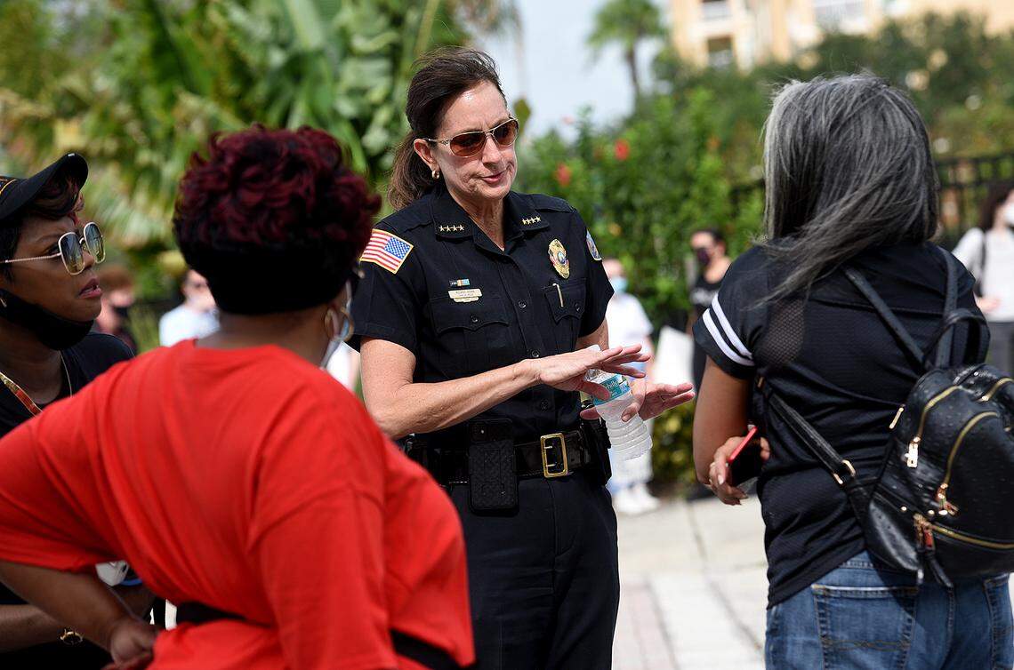 Bradenton Police Chief Melanie Bevan has plans to create a 7-person Citizen Advisory Committee meant to review certain department investigations and policies in an effort to improve community transparency. In this Bradenton Herald file photo, Bevan speaks with protesters at the recent ‘One Love, One Nation, One Heart’ march for social justice.