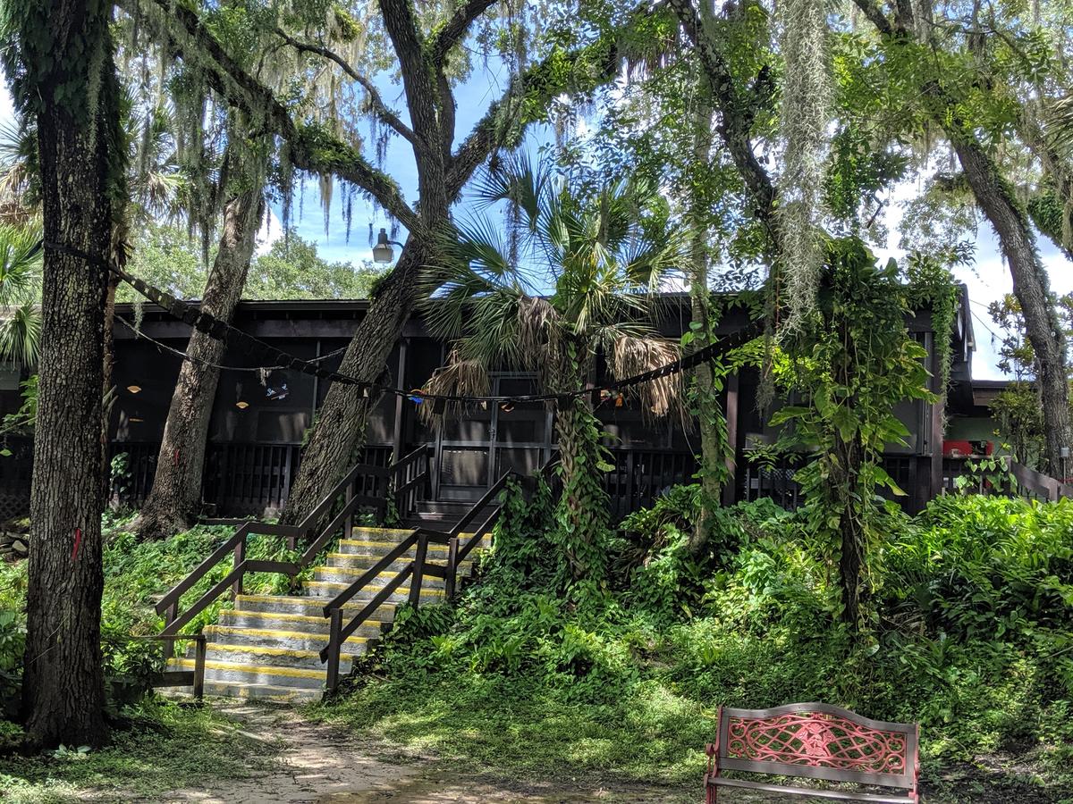 Back porch dining at Linger Lodge offers scenic views of the Braden River under a canopy of palms and fern-covered oaks.