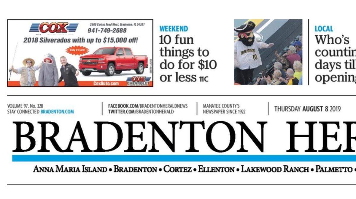 The Aug. 8, 2019, print edition of the Bradenton Herald featured coverage of President Donald Trump’s visits to Dayton, Ohio, and El Paso, Texas, and the protests of his visits.
