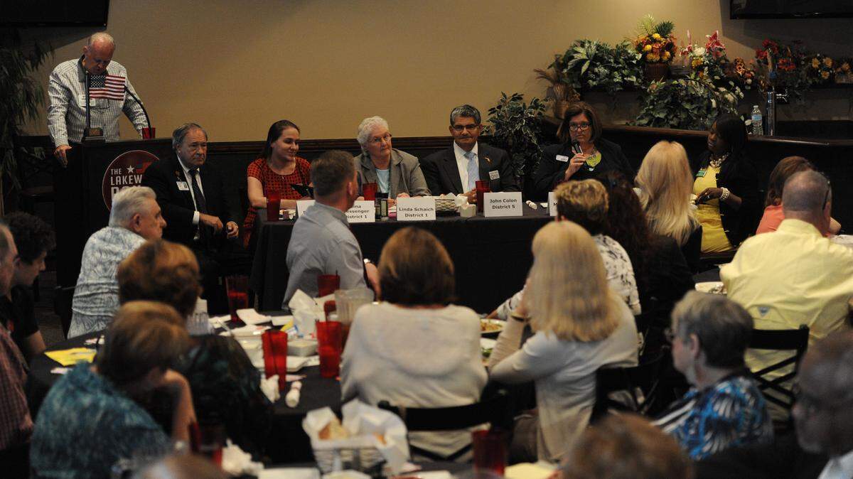 Republican candidates for the Manatee County School Board gather for a debate during the Lakewood Ranch Republican Club luncheon Friday at The Ranch Grill in Lakewood Ranch. Seated left to right are Dave Miner, Gina Messenger, Linda Schaich, John Colon, Misty Servia and Xtavia Bailey. 
 GRANT JEFFERIES/Bradenton Herald