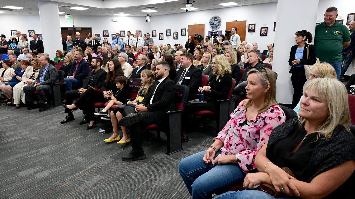 The room was packed with people to honor Commissioner Carol Ann Felts’ memory at a meeting of the Manatee County Commission during a tribute to Felts on March 3, 2026.