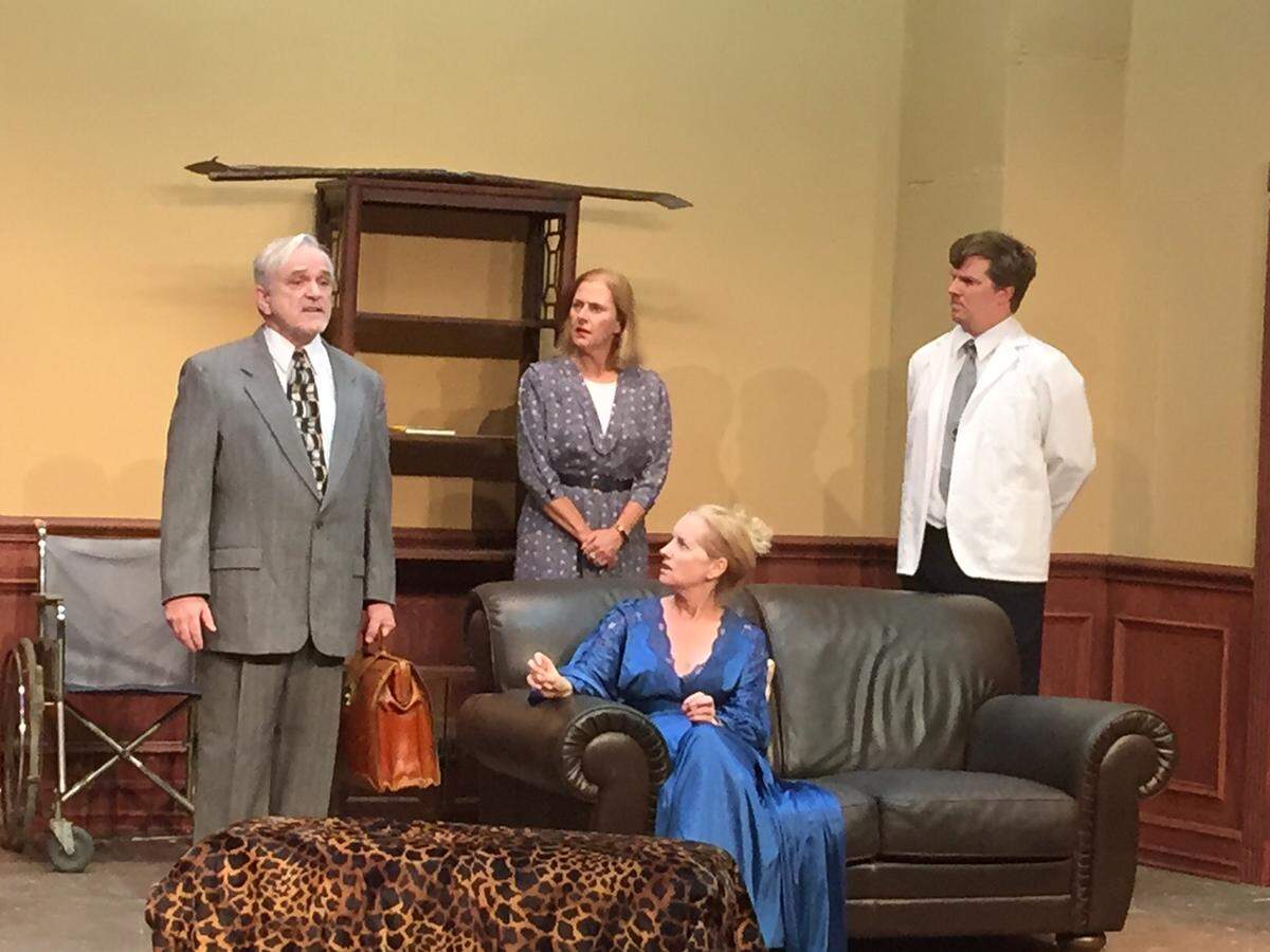 Left to right: Daniel Coppinger, Valerie Lipscomb, Sylvia Marnie and Colin Brady star in “The Unexpected Guest” at sland Players Community Theatre.