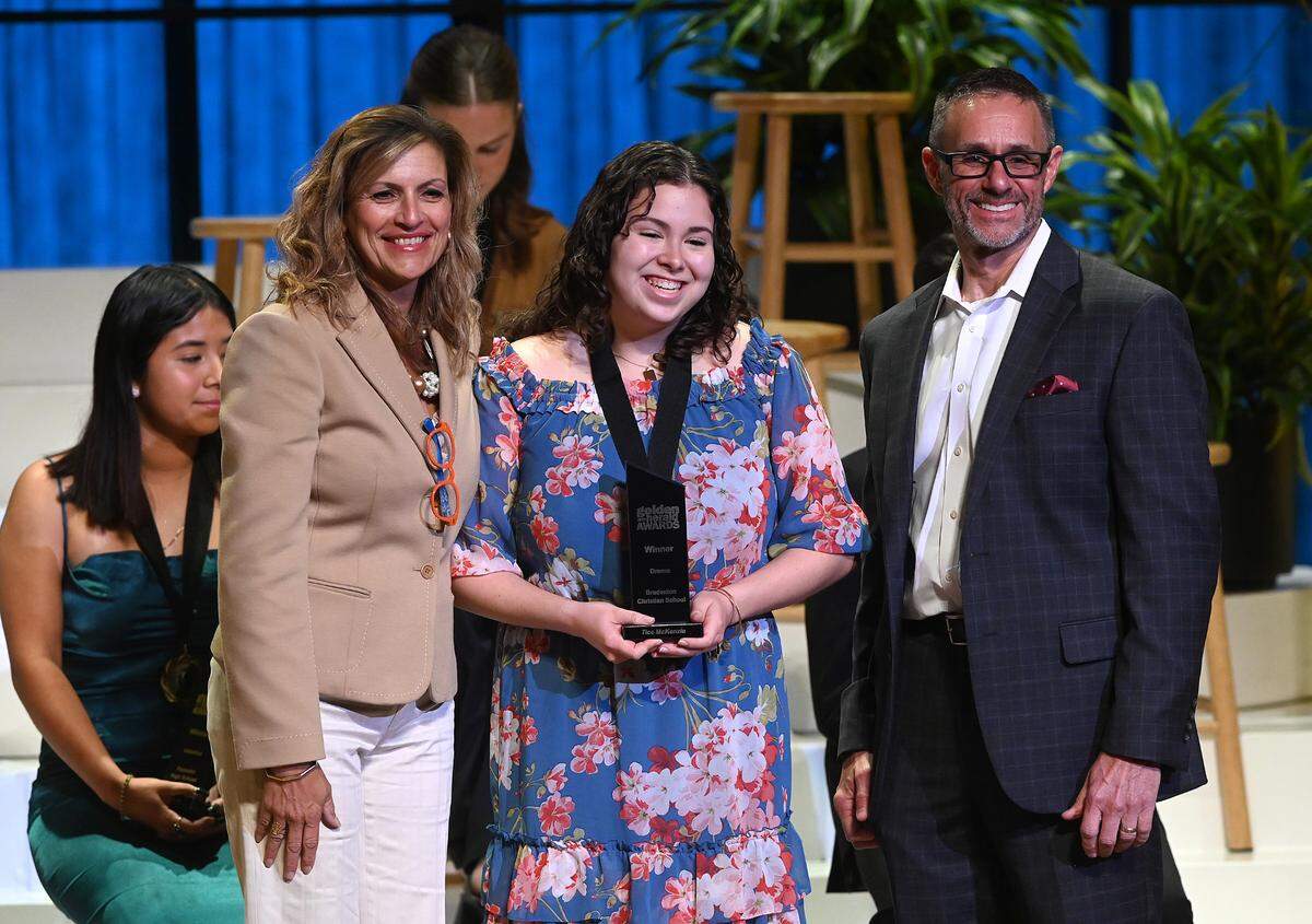 2023 Golden Herald Award winner in Drama McKenzie Tice with presenters Jackie Barron and Tom McDougal Thursday night.