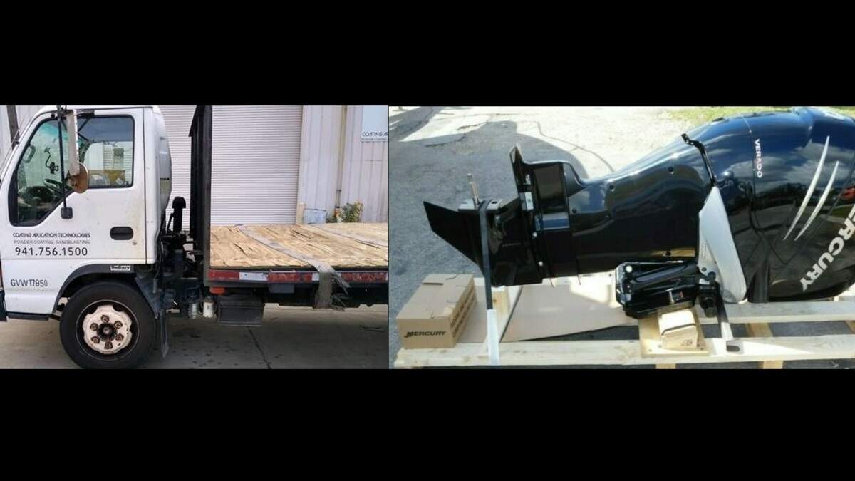 A powder coating business in South Manatee County reported a flatbed truck, left, stolen in 2020, while a nearby boat building business reported roughly $400,000 worth of goods stolen, including outboard engines.