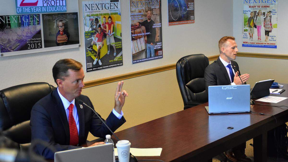 State Rep. Tommy Gregory (left), R-Sarasota, clashes with Democrat challenger David Fairey in a Friday morning debate hosted by the Manatee Tiger Bay Club that touched on Florida’s response to the COVID-19 pandemic, unemployment, economic diversity and systematic racism.