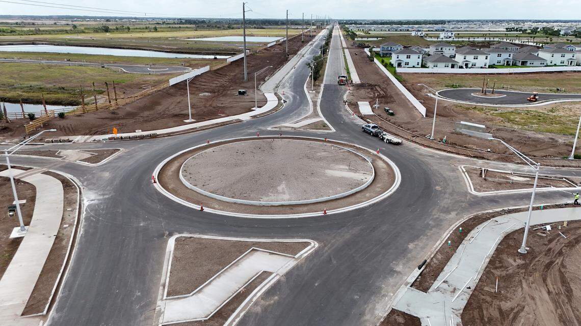 Construction in east Manatee County along Bourneside Road looking south, shown here on May 8, 2025. In 2021, Manatee County officials made controversial changes that allowed developers to start building east of the county’s Future Development Area Boundary, which was meant to limit urban sprawl and protect rural areas.