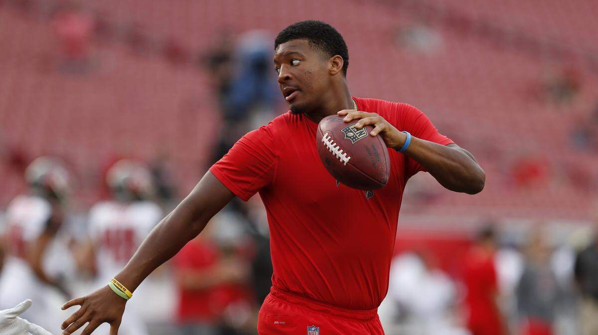 This Aug. 30, 2018 file photo, shows Tampa Bay Buccaneers quarterback Jameis Winston before an NFL preseason football game against the Jacksonville Jaguars in Tampa, Fla. A female Uber driver in Arizona is suing Winston, accusing him of sexual assault. Court documents say the woman filed the suit in Arizona on Tuesday, Sept. 18, 2018, and is seeking more than $75,000 in damage.