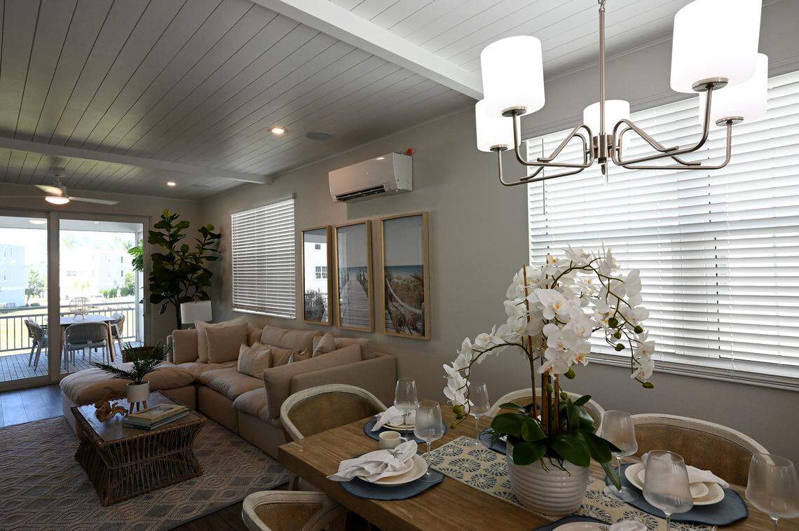 The living/dining/kitchen area in a home at Hunters Point, a first-of-its-kind development in Manatee County that combines net-zero energy use with resiliency to hurricanes, flooding and harsh weather. Photo taken on Oct. 8, 2025.