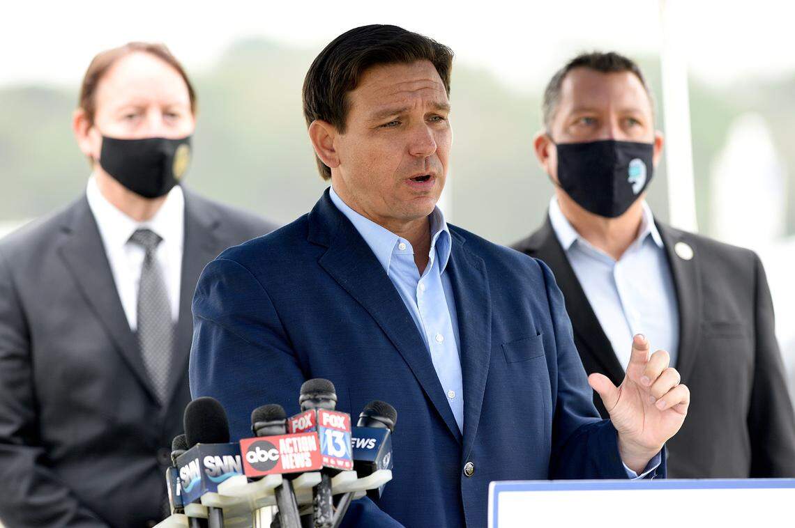 02/17/21--Gov. Ron DeSantis made a stop in Manatee County Wednesday morning to host a press conference at the Lakewood Ranch pop-up COVID-19 vaccination site aimed at inoculating more senior citizens. DeSantis faced criticism over the site, which stands to vaccinate some of Manatee’s wealthiest residents.