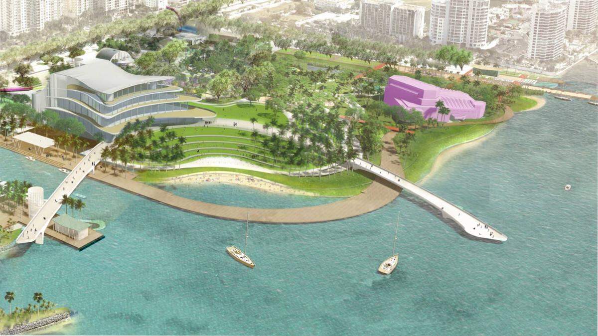An artist’s rendering of plans for Sarasota’s bayfront includes Sarasota Performing Arts Center on the left and the Van Wezel Performing Arts Center building on the right.