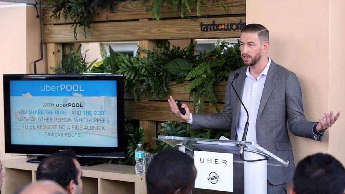 Ryan Graves, Uber's Senior Vice President and Head of Global Operations, speaks in Miami, regarding uberPOOL, and how this new ride sharing option can help address Miami-Dade's transportation issues Friday, Nov. 13, 2015. Designed to help save riders money, uberPOOL matches Uber riders heading in the same direction, reducing transportation costs dramatically. The new option also benefits Uber driver-partners by maximizing their efficiency earning money on longer trips, without the downtime between passengers.
