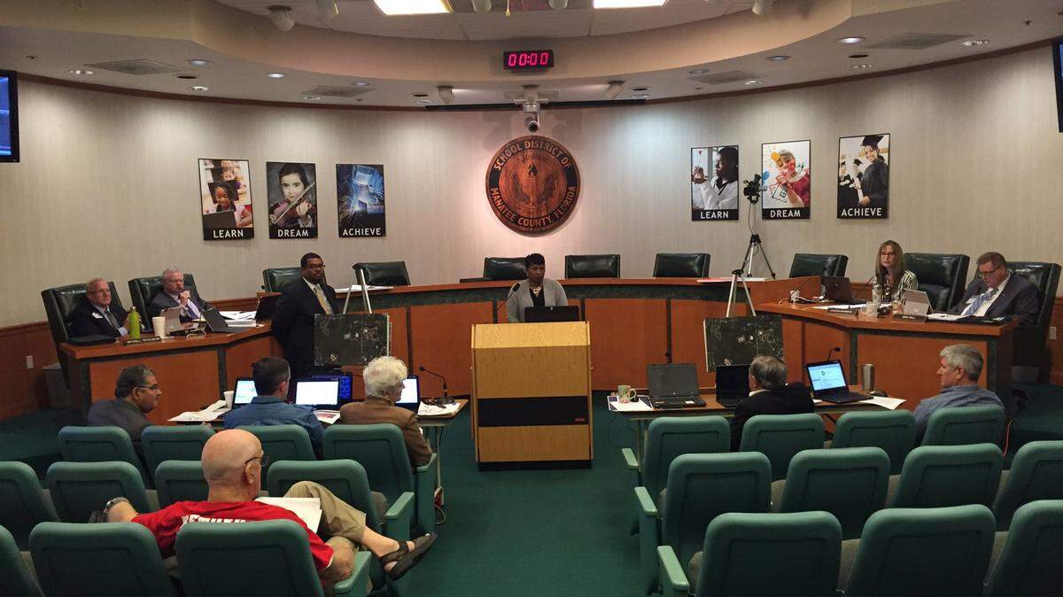 Manatee County School District Superintendent Diana Greene presents the Manatee County School Board with recommendations to help balance enrollment during a February workshop . MEGHIN DELANEY / Bradenton Herald