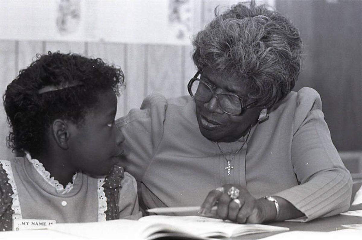 This is a picture of Louise Johnson, a respected educator in Manatee County for 36 years and the first African American to serve on the Manatee County School Board. Johnson is pictured at Bradenton’s United Methodist Church tutoring 9-year-old Jeanetta Williams of Manatee Elementary in 1990.