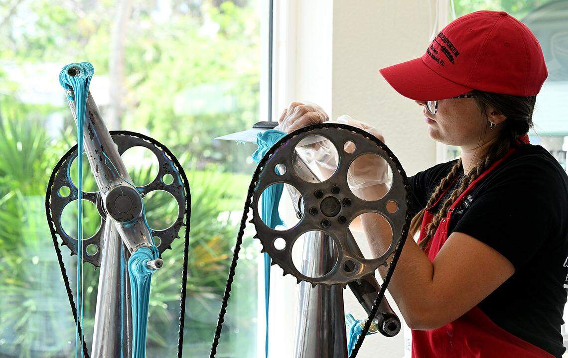 Liv Baker makes saltwater taffy at the Chocolate Emporium at 216C Pine Avenue, Anna Maria, on August 6, 2025.