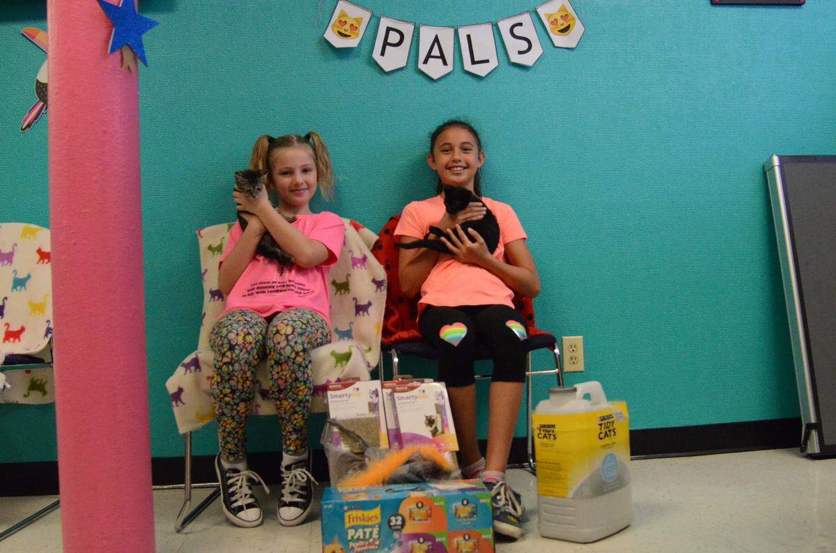 Riley Huelsman, 7 (left) and Emma Cowart, 8, donated more than $70 of pet supplies to Manatee County Animal Services on Wednesday after raising money through their neighborhood popsicle stand.