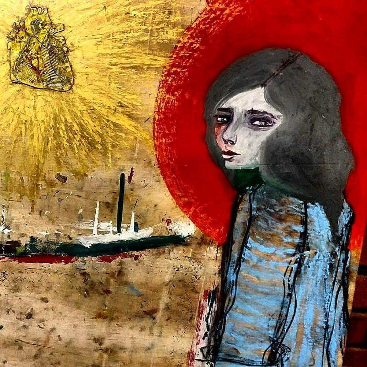 A mixed media piece by Boston artist Erin Burley is oil pastel, charcoal and collage on wood.