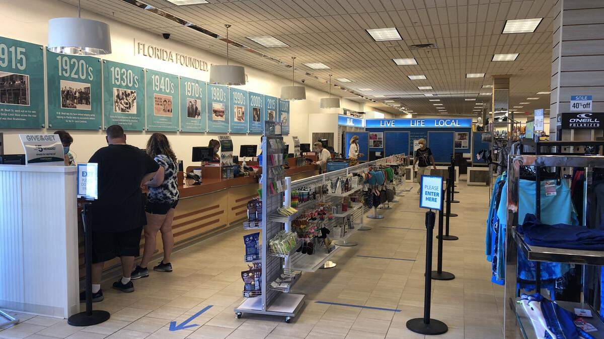 Social distancing at the checkout line has become the new normal at Bealls stores. Shown above is the company’s flagship store at 6837 Manatee Ave. W., Bradenton.