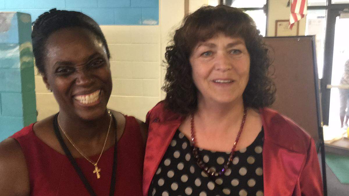 In this file photo, Pat Stream, right, speaks about Samoset Elementary School's graduation enhancement technician. On Wednesday, the Manatee County School District announced Stream would be the principal at the combined Orange Ridge-Bullock/Rogers Garden Elementary School in the fall. FILE PHOTO