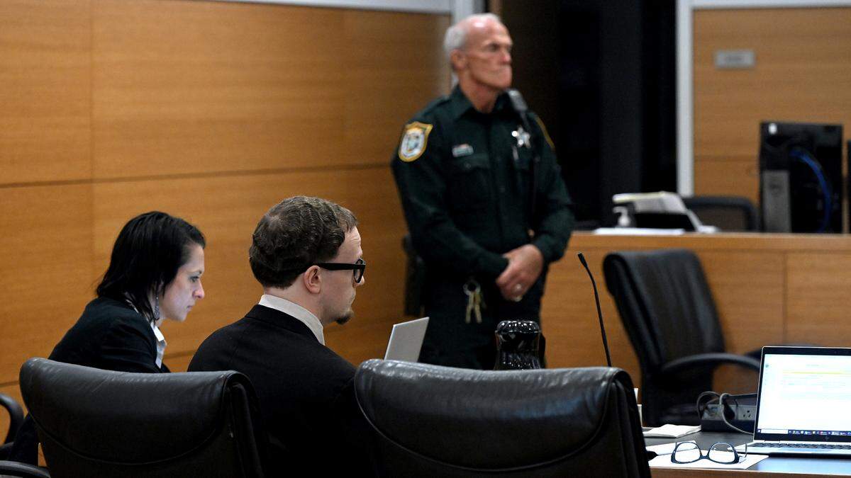 Nicholas Shermer sits between his attorneys in a courtroom in the Manatee County Judicial Center on April 22, 2025. Shermer is on trial for allegedly shooting and killing his girlfriend, Amanda Shoaf, in August of 2023.