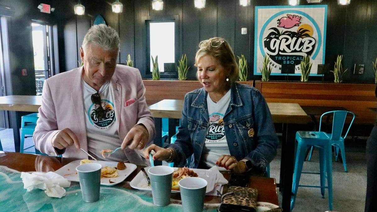 Natalie and Mike Thrasher were among the first to try out the food at gRub Tropical BBQ, a fast-casual tropical barbecue restaurant that opened Wednesday, 2/2/2022, at 415 Pine Ave., Anna Maria.