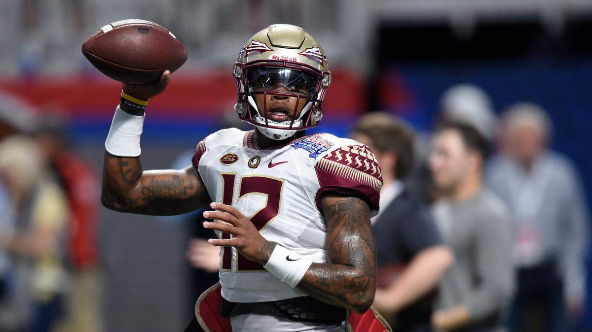 This Sept. 2, 2017, file photo shows Florida State quarterback Deondre Francois (12) warming up before the first half of an NCAA football game between Alabama and Florida State in Atlanta.