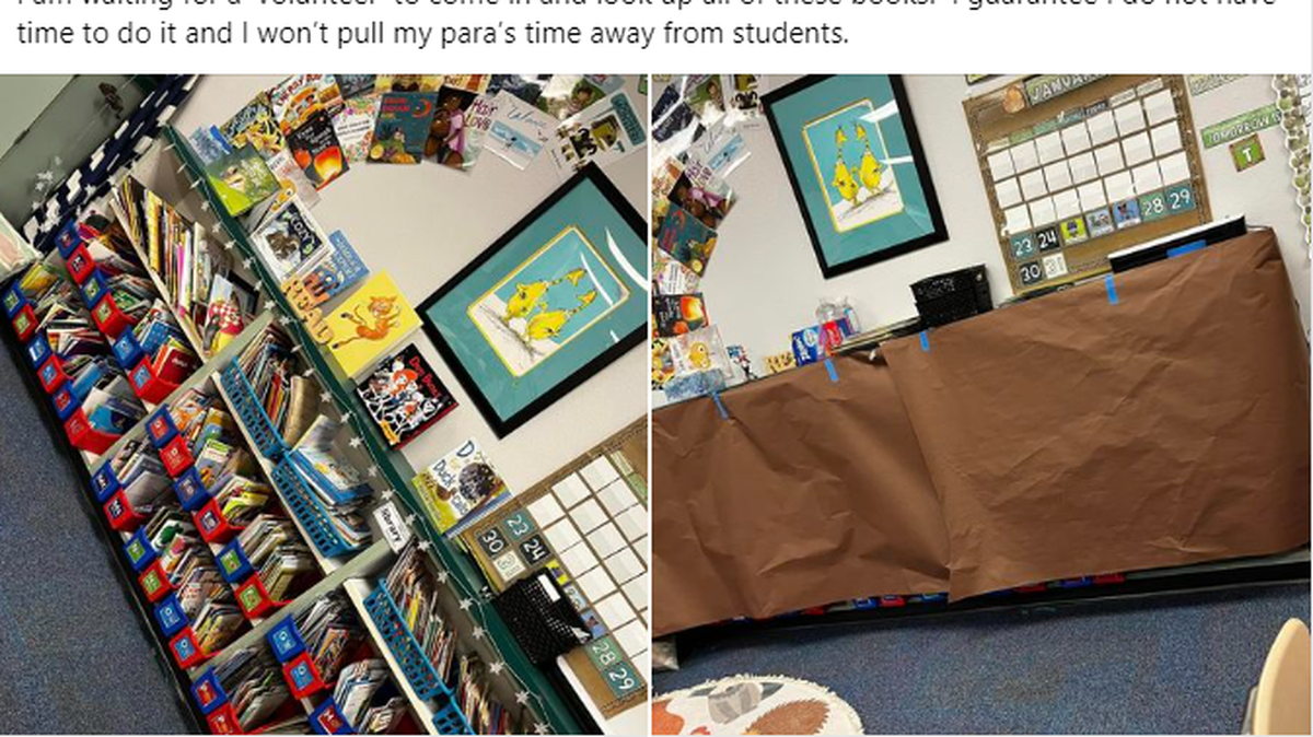 A Manatee County teacher posted these photos on Facebook of paper covering her classroom library.