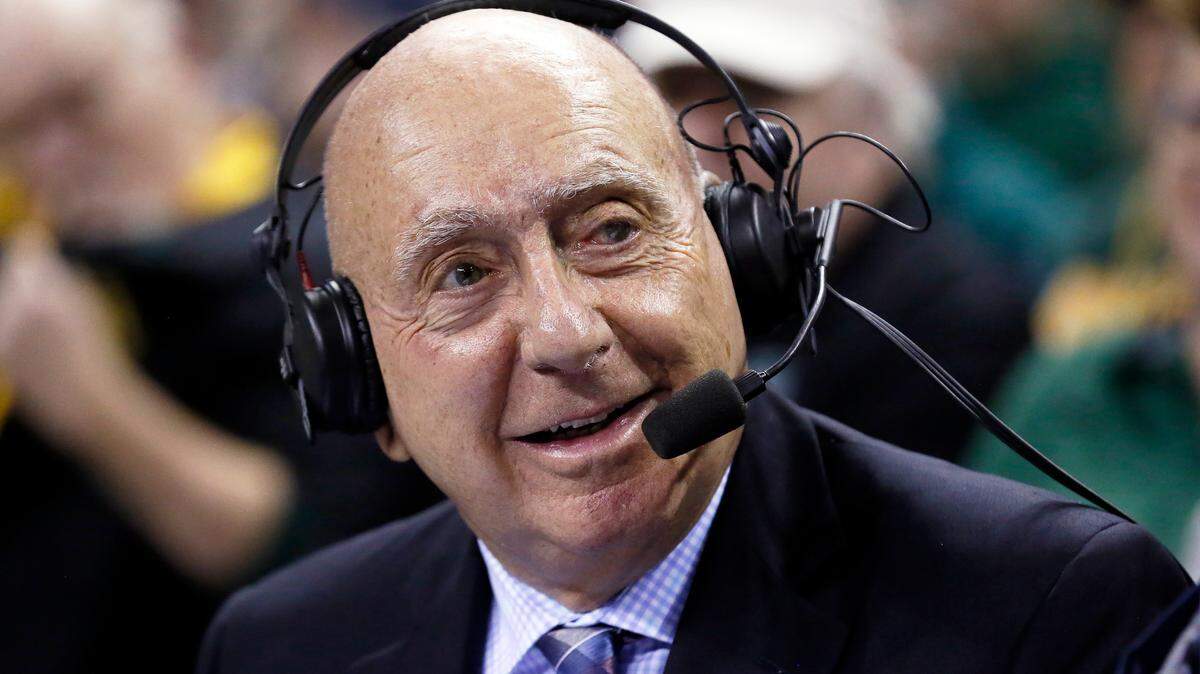 ABC/ESPN basketball analyst Dick Vitale sits at mid-court prior to an NCAA college basketball game between the Baylor Bears and the Villanova Wildcats on Sunday, Dec. 12, 2021, in Waco, Texas.