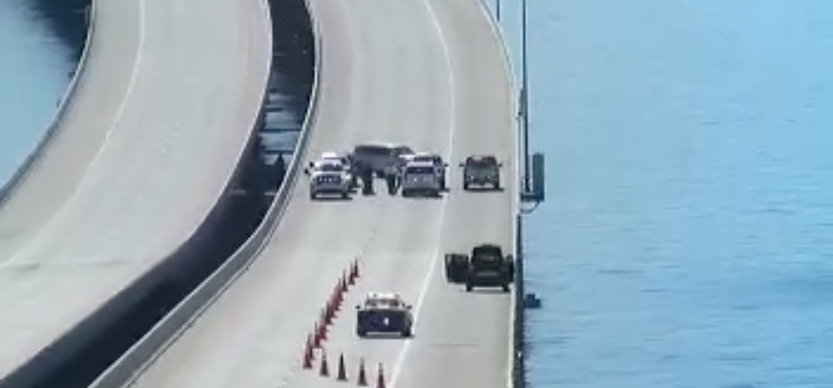 Footage from a Florida Department of Transportation camera on the Sunshine Skyway Bridge shows law enforcement activity on the bridge connecting Manatee and Pinellas counties. The bridge has been temporarily closed to traffic Wednesday morning, the Florida Highway Patrol announced.