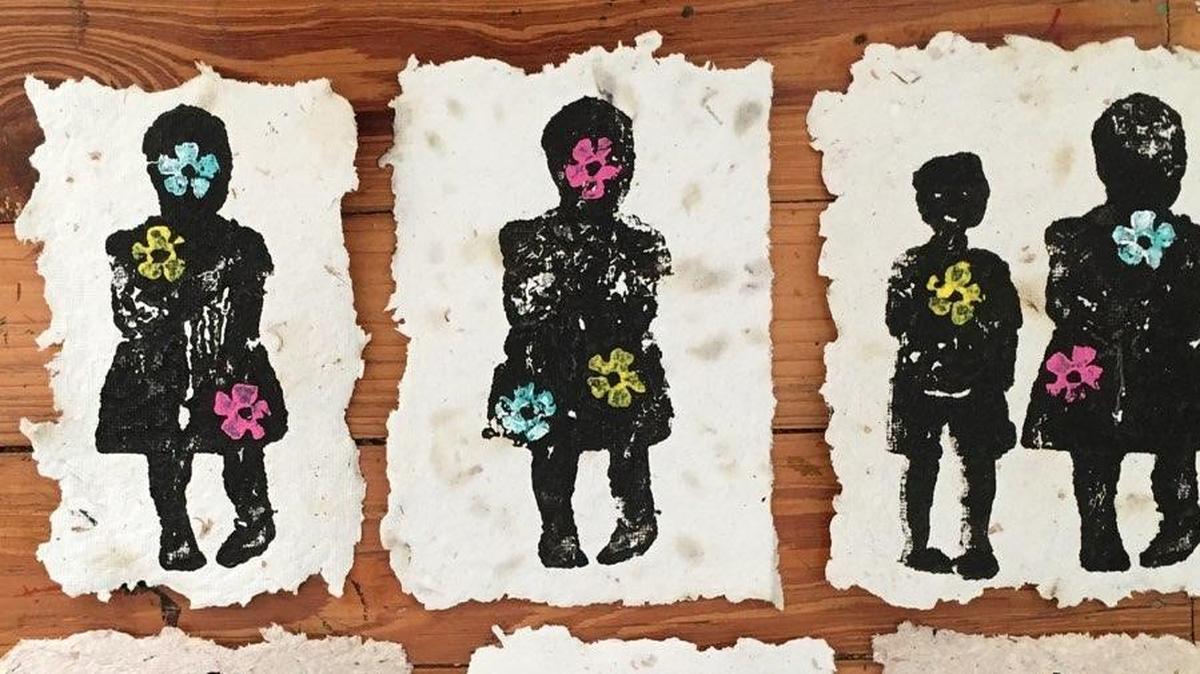 Susan Curry created invitations for for an art show benefiting the Freedom for Immigrants National Bond Fund that will be held in Philadelphia on Dec. 5, 2019. They feature block-printed images on handmade paper.