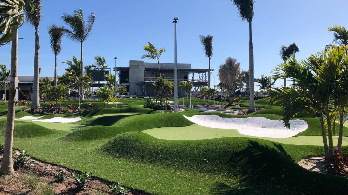 PopStroke, a golf-and-casual dining entertainment venue, is nearing completion in the East District of University Town Center, shown above on 02/03/2021. Amenities include a two-story prototype with a rooftop bar, restaurant and private event space at&nbsp;195 University Town Center Drive. 