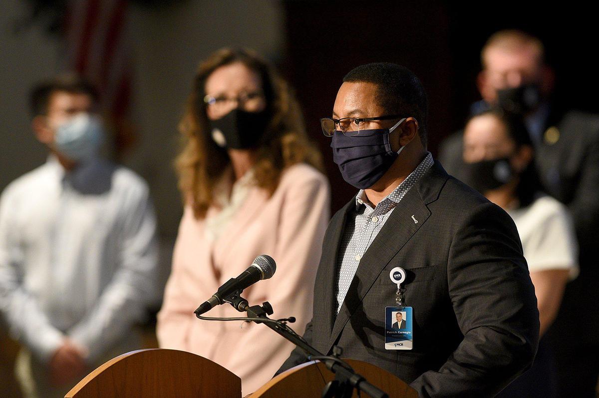 Patrick Carnegie has been removed as CEO of MCR Health. He is shown above Aug. 5, 2020, discussing the Mask Up for Manatee Coalition comprised of the county government, the county health department, the school district and local business partners, nonprofits and health care agencies.