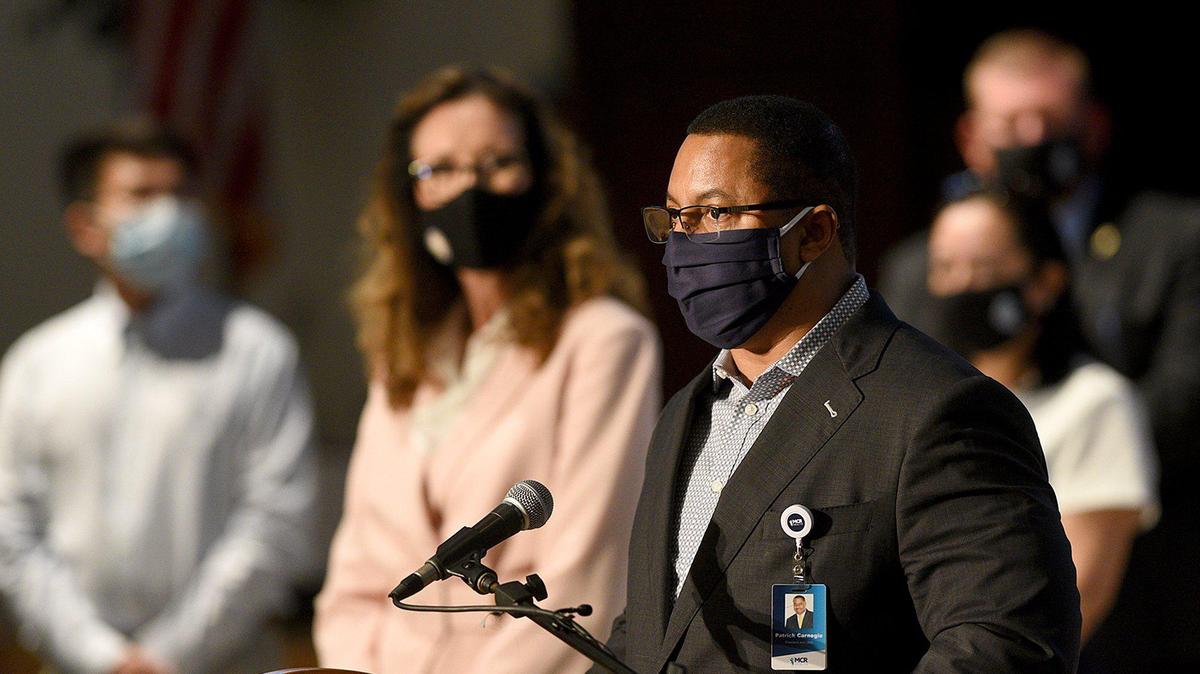 Patrick Carnegie has been removed as CEO of MCR Health. He is shown above Aug. 5, 2020, discussing the Mask Up for Manatee Coalition comprised of the county government, the county health department, the school district and local business partners, nonprofits and health care agencies.