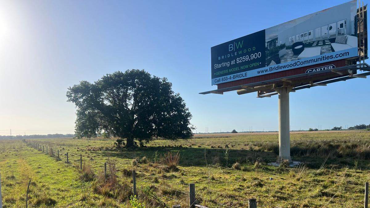 A billboard on a vacant community development district in Arcadia advertises houses that never came.